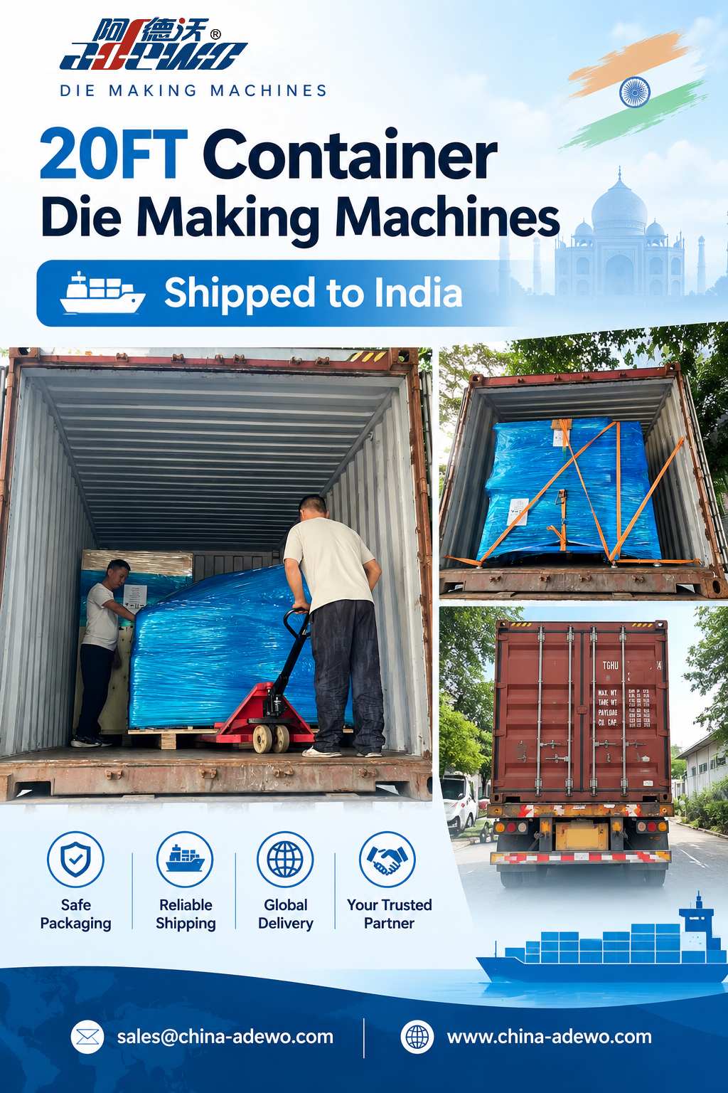 ADEWO verscheept vier belangrijke machinemodellen in een volle container naar India, waardoor de lokale productielijnen voor het maken van matrijzen worden verbeterd